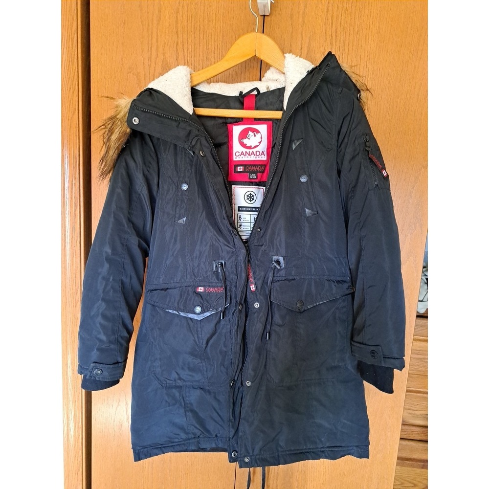 Canada Weather Gear Women's Hooded Insulated Long Winter Parka Jacket Black‎ L